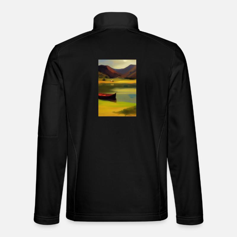Landschaft mit See, Boot und Berge - Unisex Softshelljacke - Schwarz