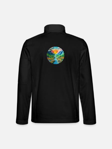 Landscape colorful with sun, mountains and lake made of plasticine - Unisex Softshell Jacket - black - Back