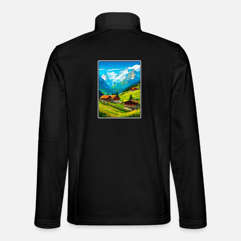 Alpine Mountain Village Scene - Unisex Softshell Jacket - black