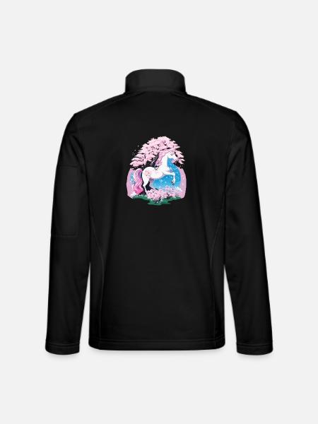 Pastell-Unicorn im Kirschblütenwald - Unisex Softshelljacke - Schwarz - Hinten