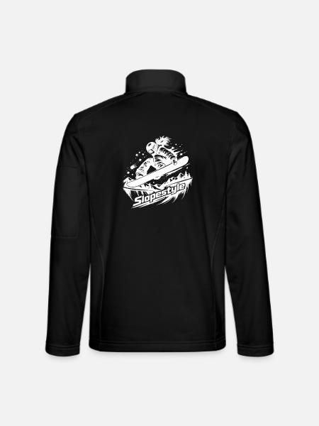 Slopestyle Snowboard Action in den Bergen - Unisex Softshelljacke - Schwarz - Hinten