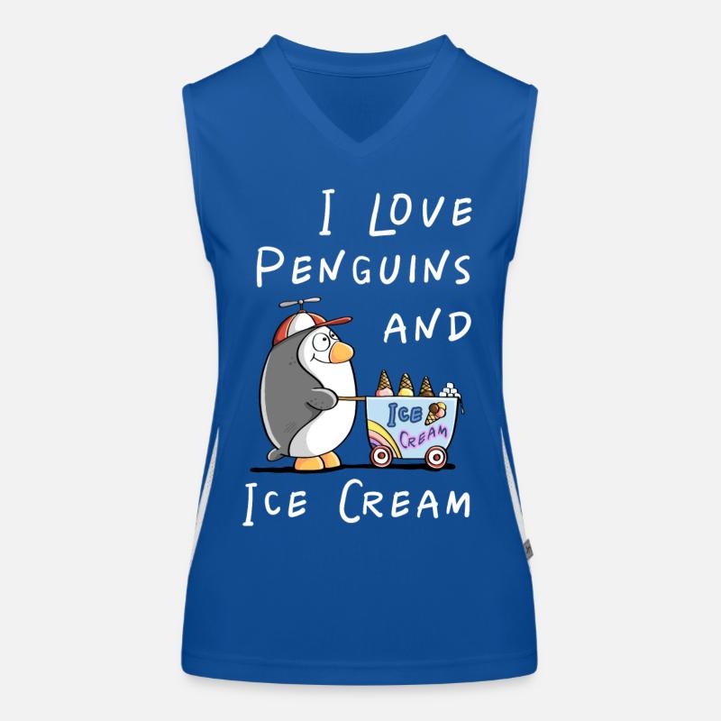 I Love Penguins and Eiscreme - Pinguin Eis Comic Funktionelles Kontrast-Tank Top für Frauen