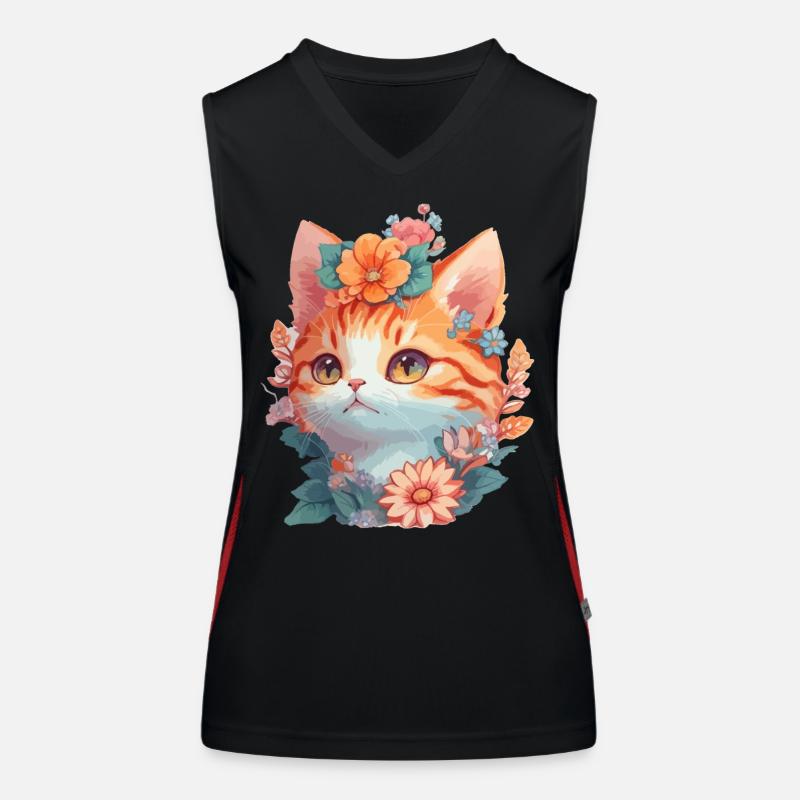 Rote Katze mit Blumen Funktionelles Kontrast-Tank Top für Frauen
