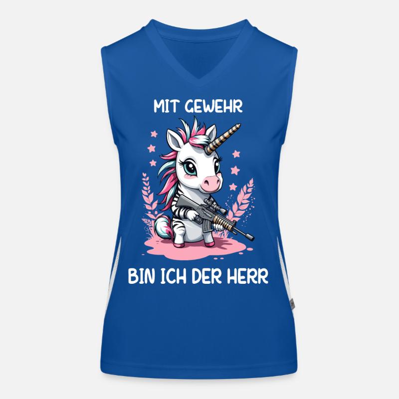 Einhorn mit Jagdgewehr Funktionelles Kontrast-Tank Top für Frauen