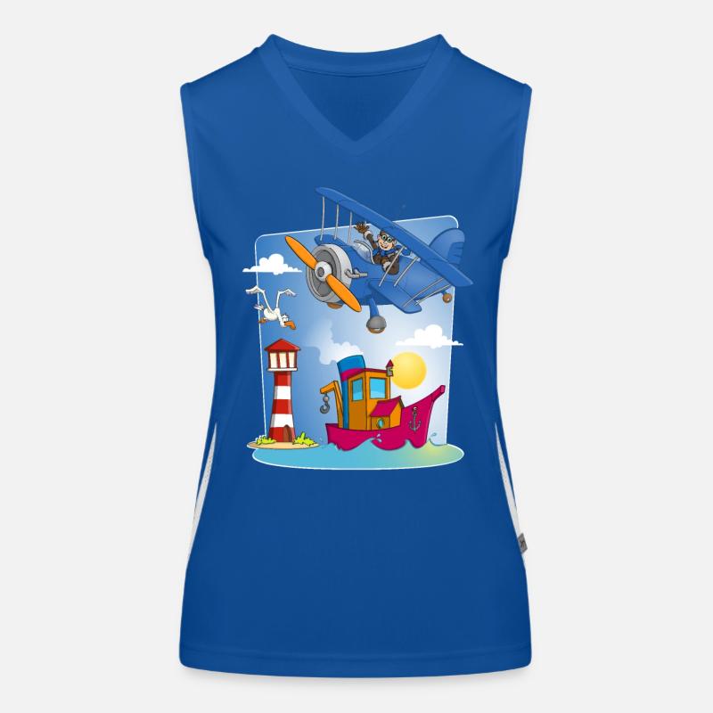 Sonne, Meer, Flugzeug, Boot, Leuchtturm und Möwe Funktionelles Kontrast-Tank Top für Frauen