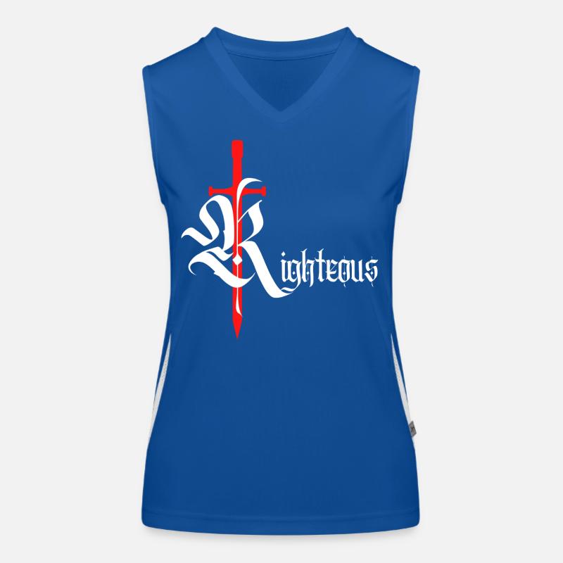 Gothic Righteous Design mit Schwert mit weißem Text Funktionelles Kontrast-Tank Top für Frauen