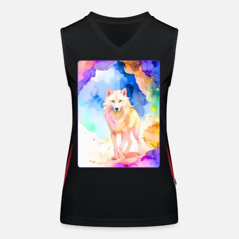 Loup blanc devant une grotte colorée Débardeur respirant contrasté Femme