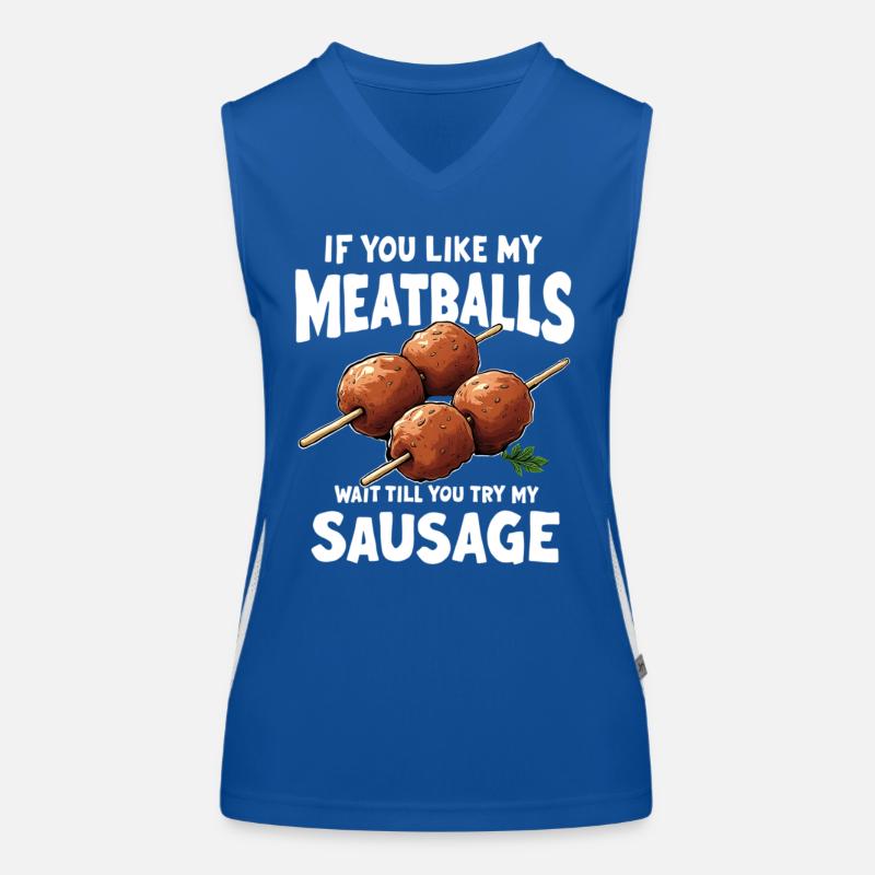 Fleischbällchen Spießwitz Spruch Funktionelles Kontrast-Tank Top für Frauen