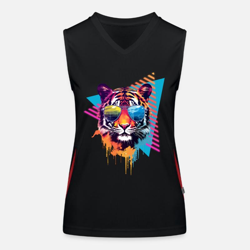 Tiger with sunglasses 80s style Women's Functional Contrast Tank Top