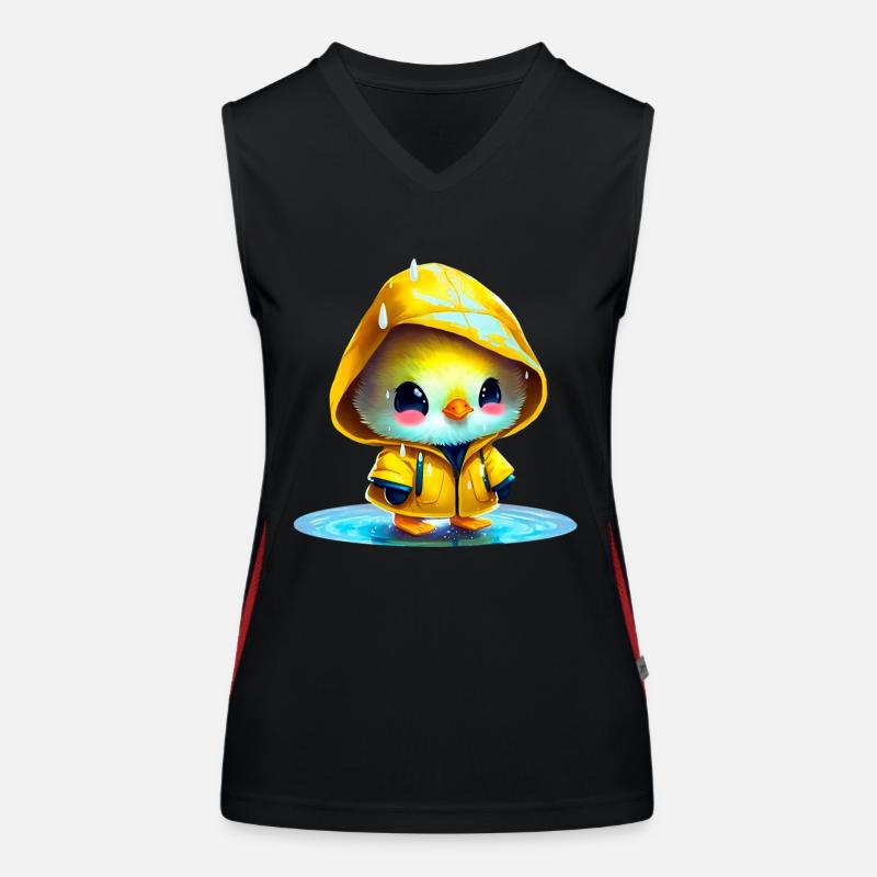 Raincoat wearing chick in puddle Women's Functional Contrast Tank Top
