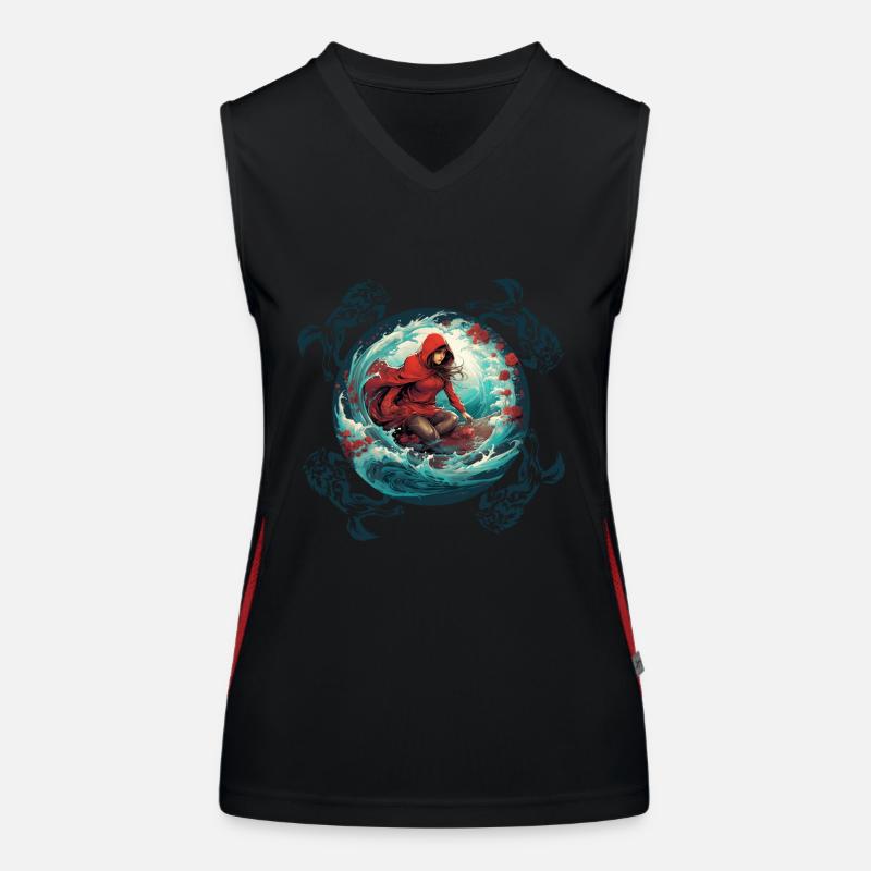 Rotkäppchen surft auf Surfbrett Wolf auf Welle Funktionelles Kontrast-Tank Top für Frauen