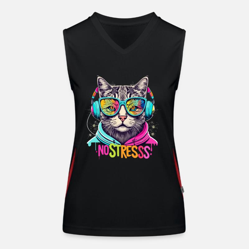 Katze mit Kopfhörer Lustiger Spruch NO STRESS Funktionelles Kontrast-Tank Top für Frauen