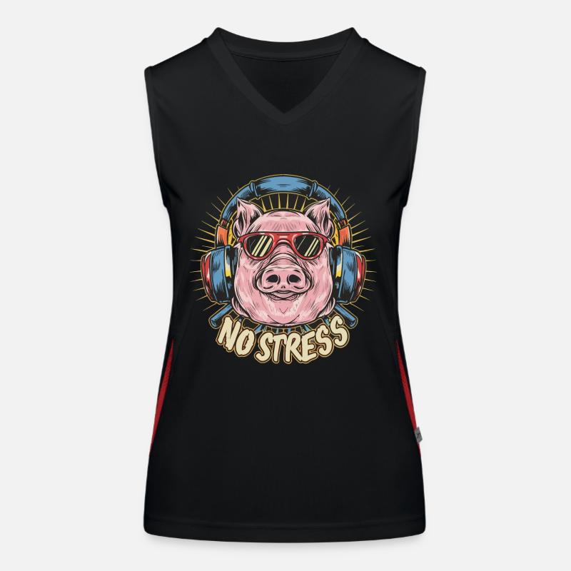 Schwein mit Kopfhörer Lustiger Spruch NO STRESS Funktionelles Kontrast-Tank Top für Frauen