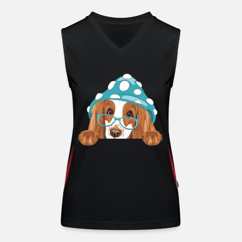Chien Peeking Cocker Spaniel avec chapeau d’amanite bleue Débardeur respirant contrasté Femme