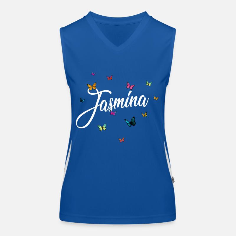 JASMINA - Mädchen Name mit bunten Schmetterlingen Funktionelles Kontrast-Tank Top für Frauen