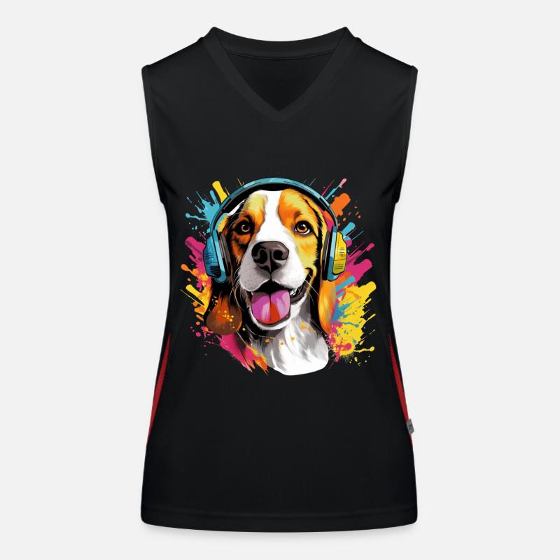 Bunter Beagle mit Kopfhörer Farbspritzer Funktionelles Kontrast-Tank Top für Frauen
