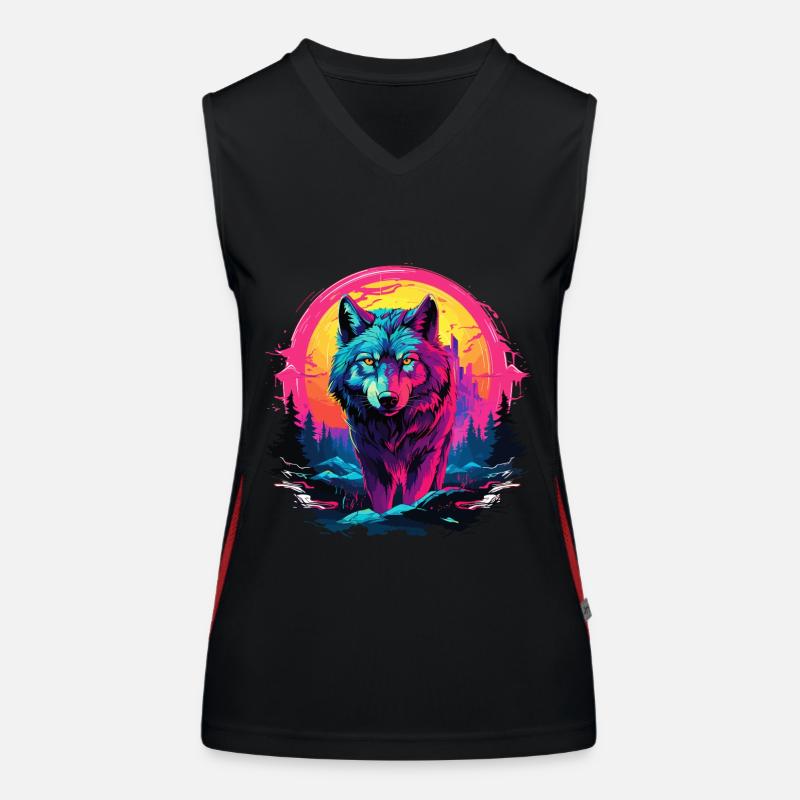 Wolf Night Moon Neon Wolf Head Forest Nature Mountains Women's Functional Contrast Tank Top