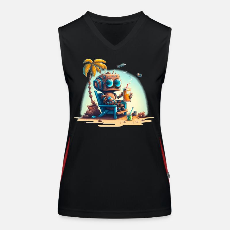 Robot on a deckchair under a palm tree Women's Functional Contrast Tank Top