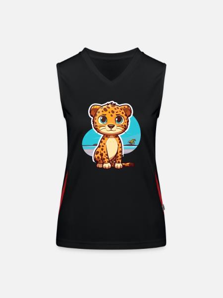 Leopard Funny Cartoon Kawaii Beach Illustration - Women's Functional Contrast Tank Top - black/red - Front