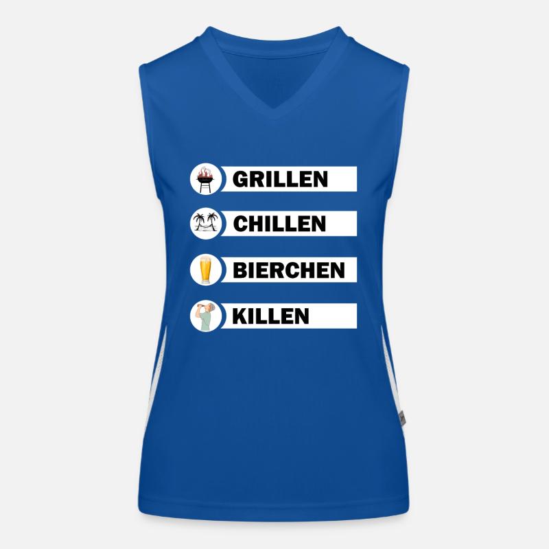 Grillen Chillen Bierchen Killen Grill Bier Spruch Funktionelles Kontrast-Tank Top für Frauen