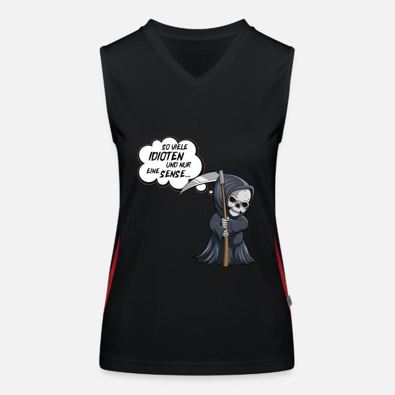 schwarzer Humor, Totenschädel, witziges Sensenmann Funktionelles Kontrast-Tank Top für Frauen