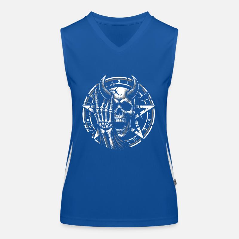 Skull with horns pentagram makes devil horns Women's Functional Contrast Tank Top