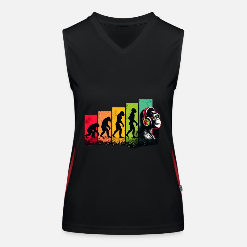 Evolution Menschen zum DJ Musiker Nerd Geek Affe Funktionelles Kontrast-Tank Top für Frauen