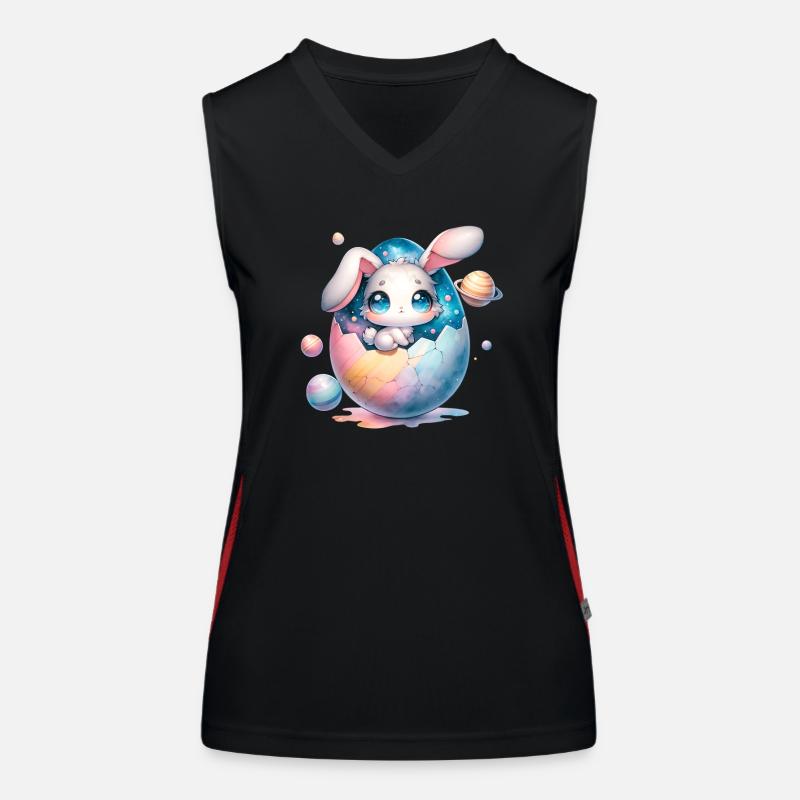 Chibi Space Bunny Sitting In a Cracked Easter Egg Women's Functional Contrast Tank Top
