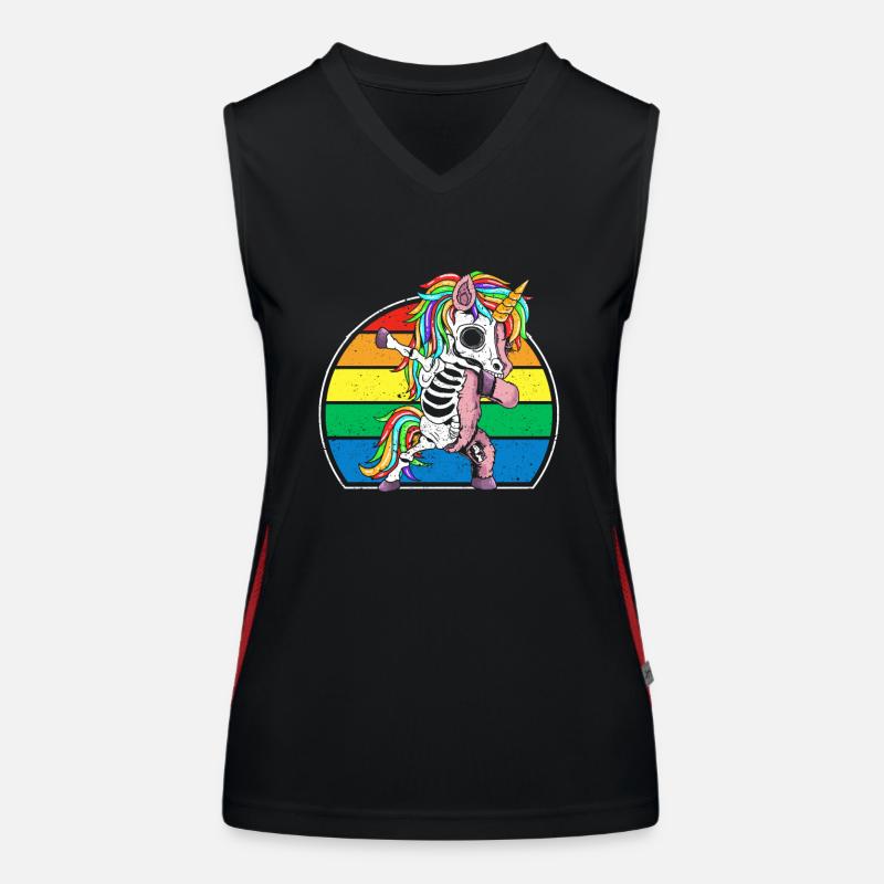 Dabbing Einhorn Skelett Halloween Dab Dance Scary Funktionelles Kontrast-Tank Top für Frauen