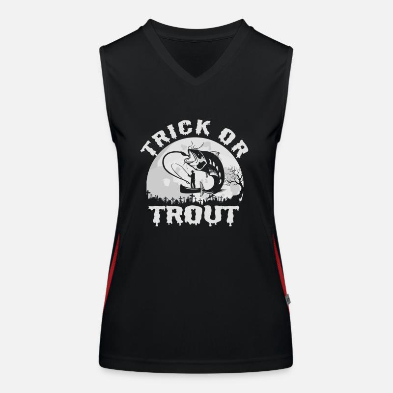 Lustiger Angeltrick oder Forellenangeln Halloween Funktionelles Kontrast-Tank Top für Frauen