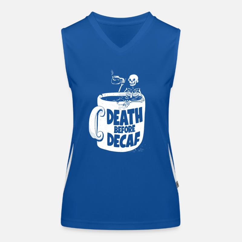Death before Decaf - Lustiges Cafe Funktionelles Kontrast-Tank Top für Frauen