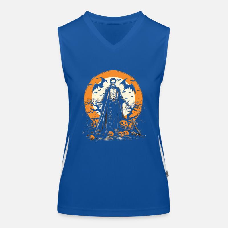 Scary skeleton zombie with pumpkins Women's Functional Contrast Tank Top