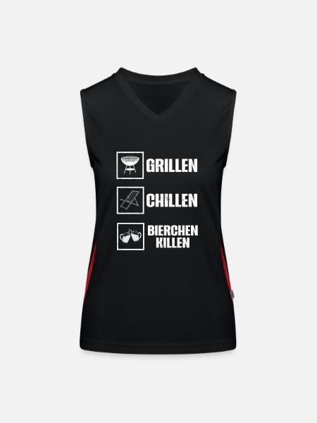 Grillen Chillen Bierchen Killen Bier BBQ Grill - Funktionelles Kontrast-Tank Top für Frauen - Schwarz/Rot - Vorne