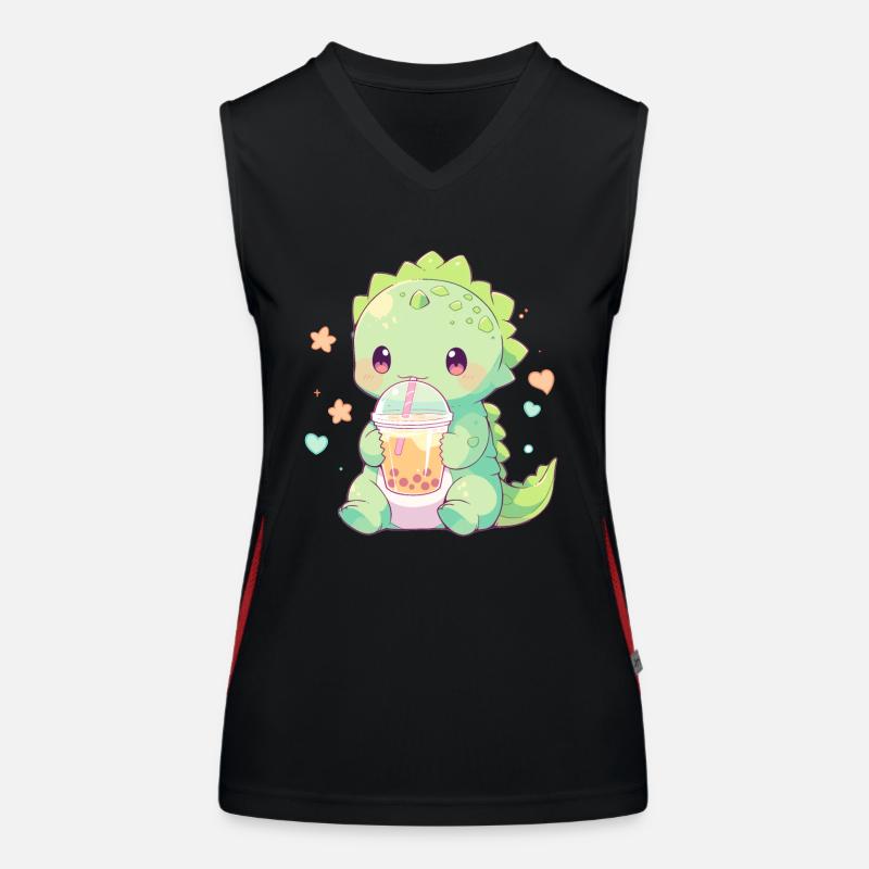 Kawaii Dinosaur Drinks Boba Bubble Tea Chibi Women's Functional Contrast Tank Top