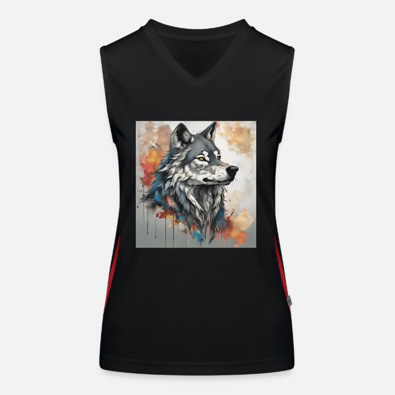 Wolf mit Farbflecken Hintergrund. Funktionelles Kontrast-Tank Top für Frauen