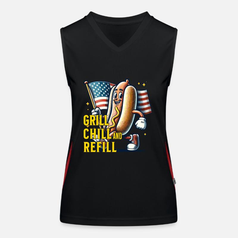 Grill Chill Refill Funny Bbq Pun Retro Women's Functional Contrast Tank Top