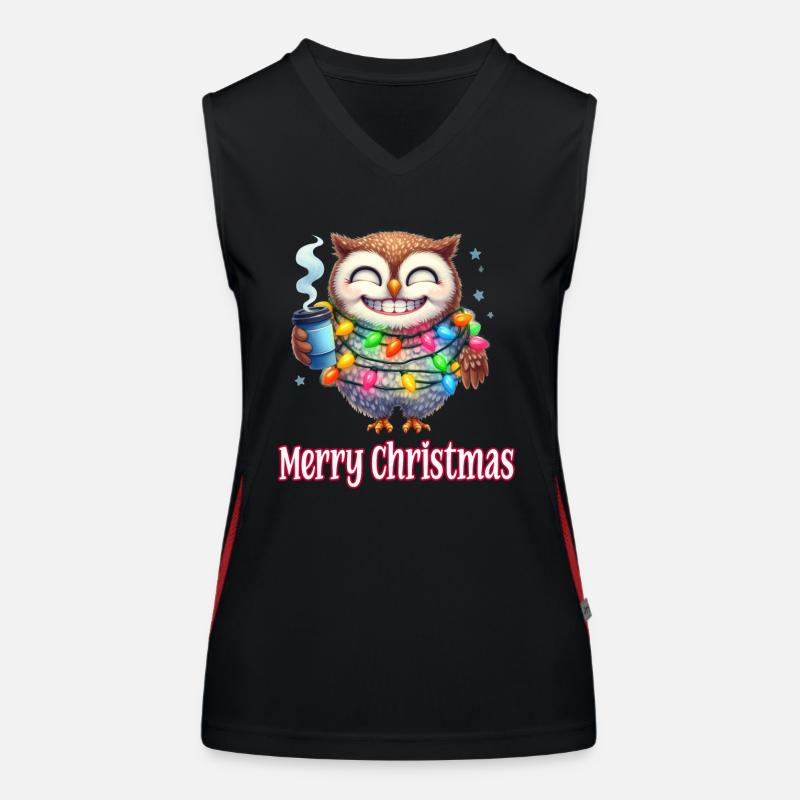 Lustige Eule mit Kaffeebecher Merry Christmas Funktionelles Kontrast-Tank Top für Frauen