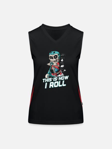 So Rolle Ich: Skater-Skelett auf Roller - Funktionelles Kontrast-Tank Top für Frauen - Schwarz/Rot - Vorne