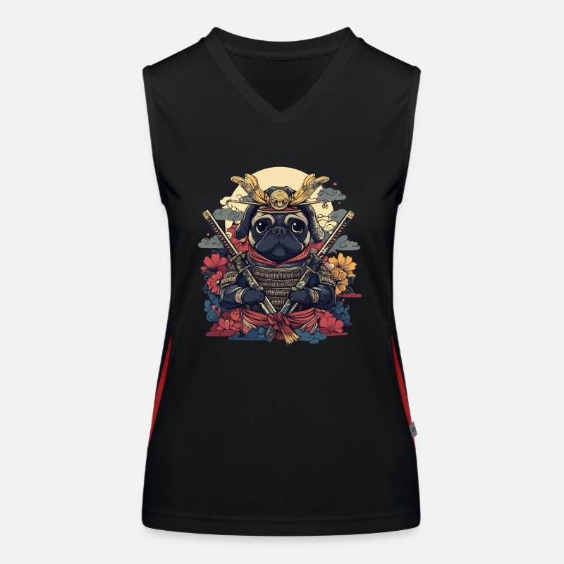 Samurai Pug Warrior with Swords and Flowers Women's Functional Contrast Tank Top