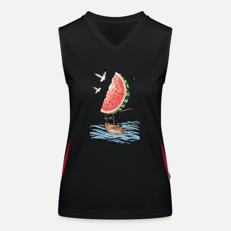 Bateau pastèque naviguant sur les vagues avec des mouettes Débardeur respirant contrasté Femme