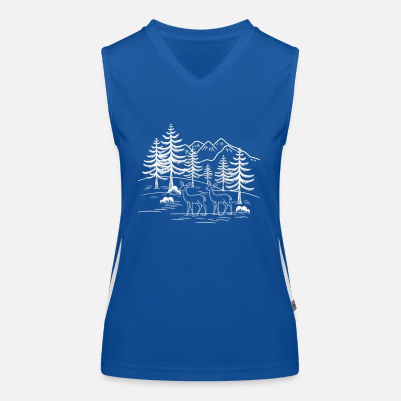 Scène de forêt avec des cerfs devant des montagnes et des arbres Débardeur respirant contrasté Femme