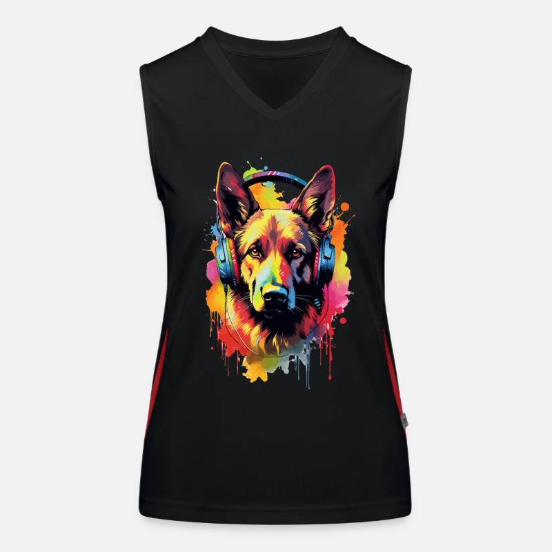 Bunter Deutscher Schäferhund mit Kopfhörer Funktionelles Kontrast-Tank Top für Frauen
