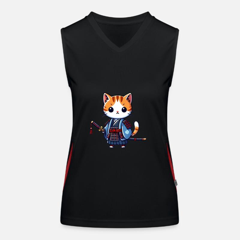 Samurai-Katze in blauen Roben mit Katana Funktionelles Kontrast-Tank Top für Frauen
