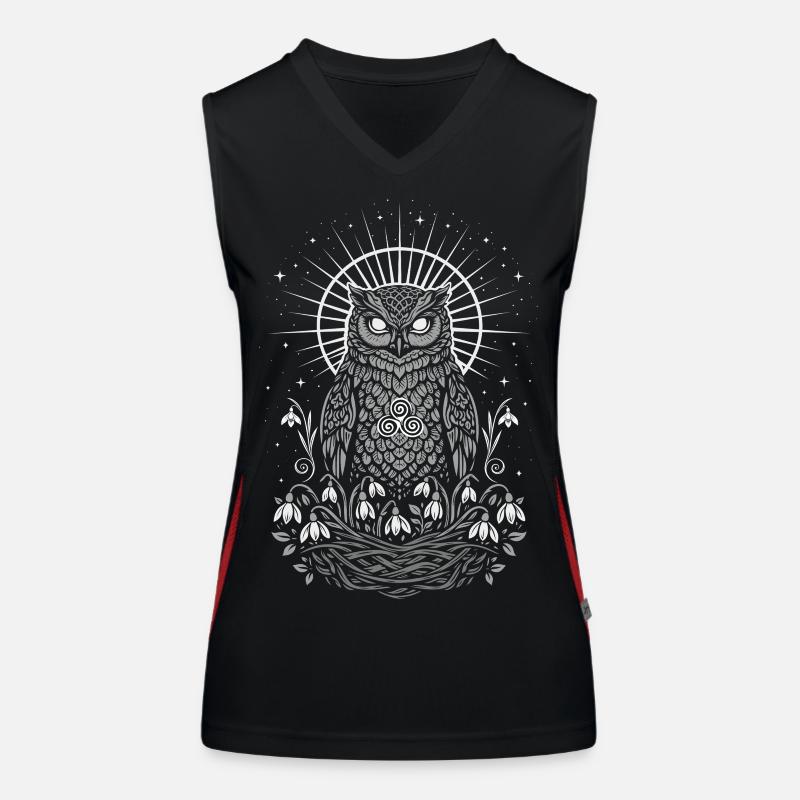 Imbolc Eule mit Triskele und Schneeglöckchen Funktionelles Kontrast-Tank Top für Frauen