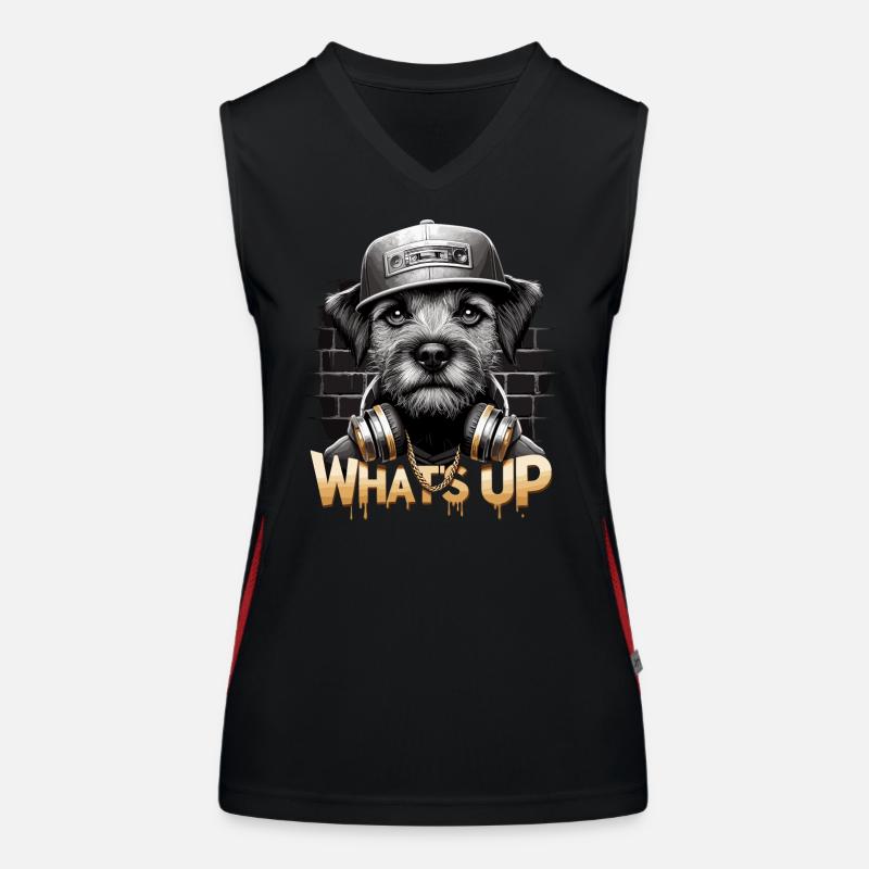 Border Terrier Was geht ab Kopfhörer Geschenk Funktionelles Kontrast-Tank Top für Frauen