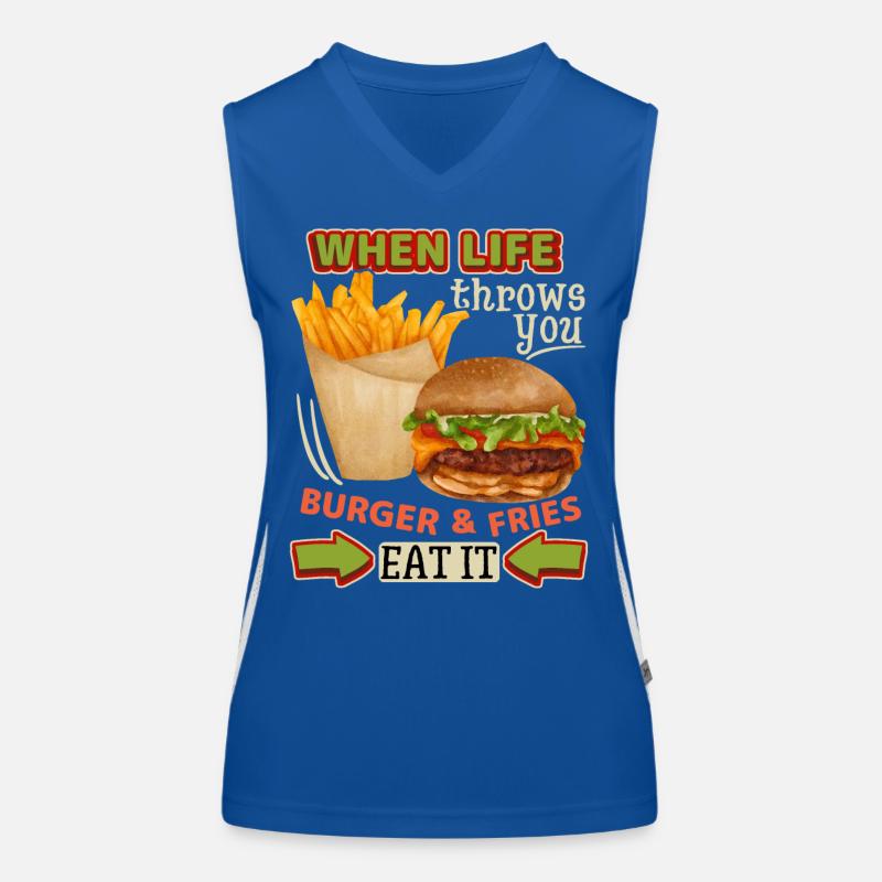 Burger-Cheeseburger Pommes Frites, lustiger Spruch Funktionelles Kontrast-Tank Top für Frauen