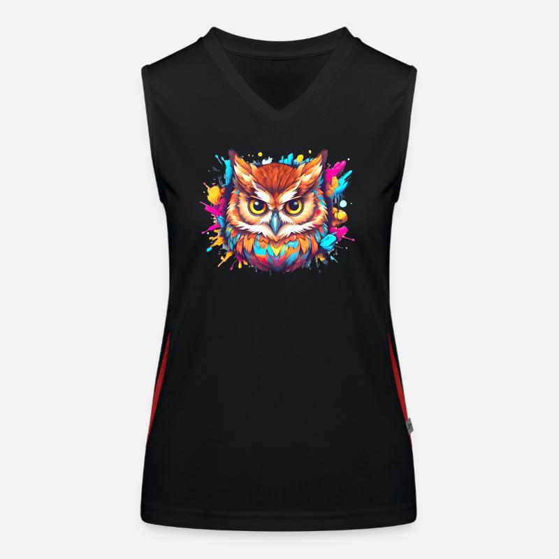 Farbenfrohe Eule aus einem Farbklecks, Comic-Art Funktionelles Kontrast-Tank Top für Frauen