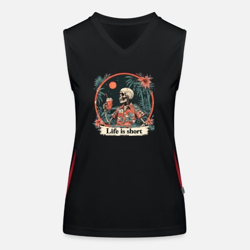Skeleton on the beach under palm trees on vacation Women's Functional Contrast Tank Top