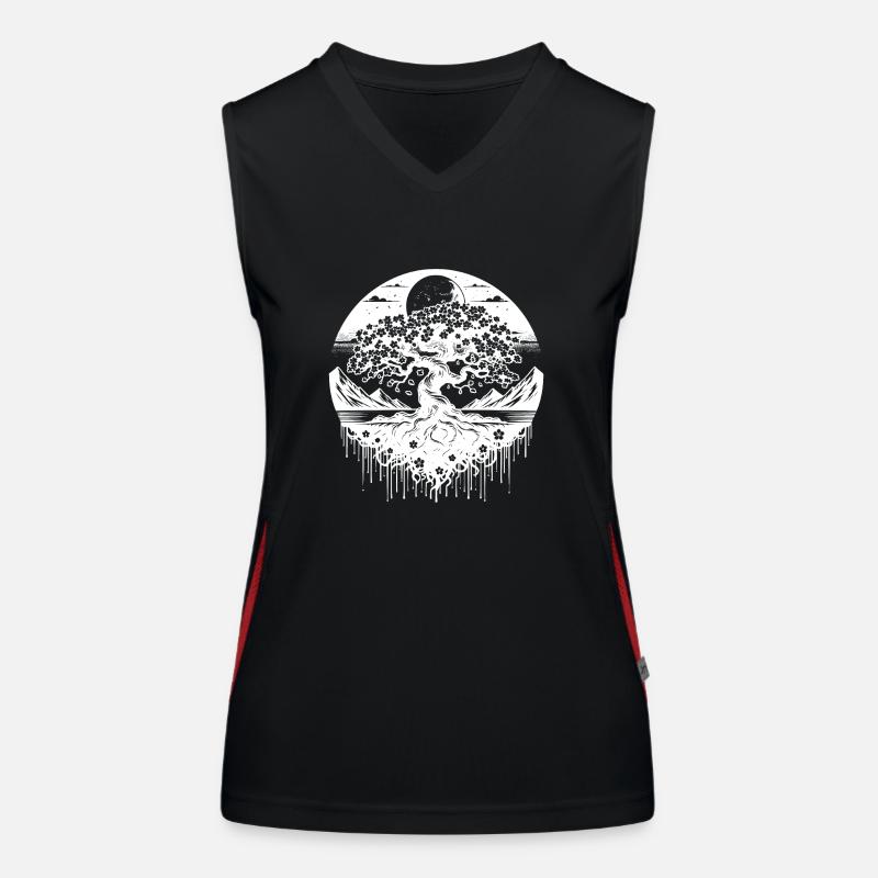 Cherry tree in full bloom in mountain landscape Women's Functional Contrast Tank Top
