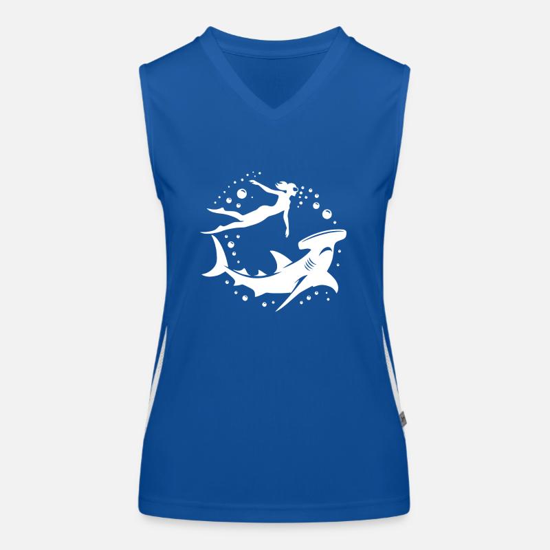 Hammerhead shark and diver floating underwater Women's Functional Contrast Tank Top